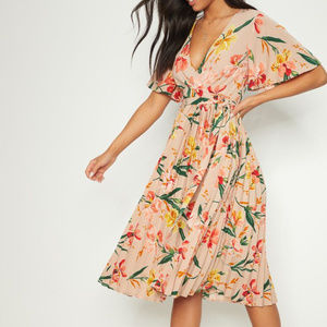 Pink Floral Pleated Midi Dress - Size 6